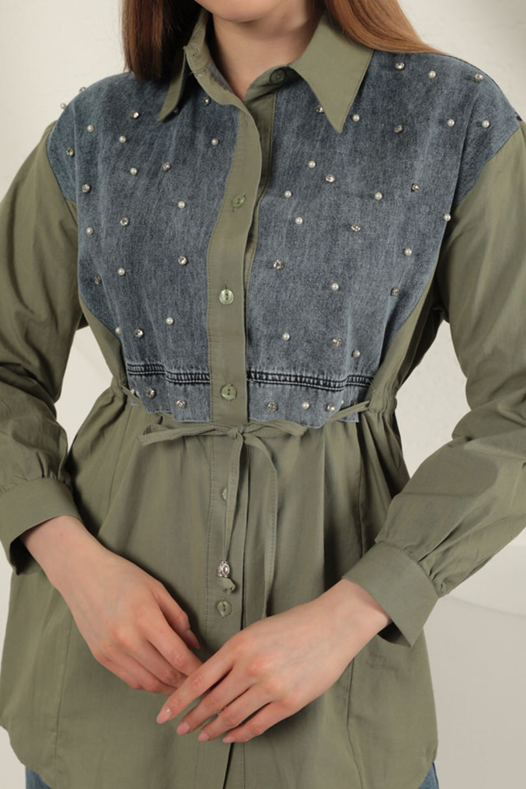 KKT Poplin Fabric Front Pearl Detailed Khaki Women's Shirt - Shawnee