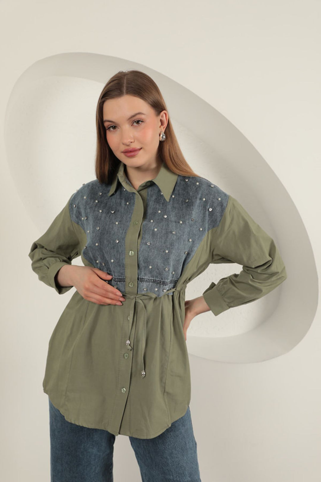 KKT Poplin Fabric Front Pearl Detailed Khaki Women's Shirt - Shawnee