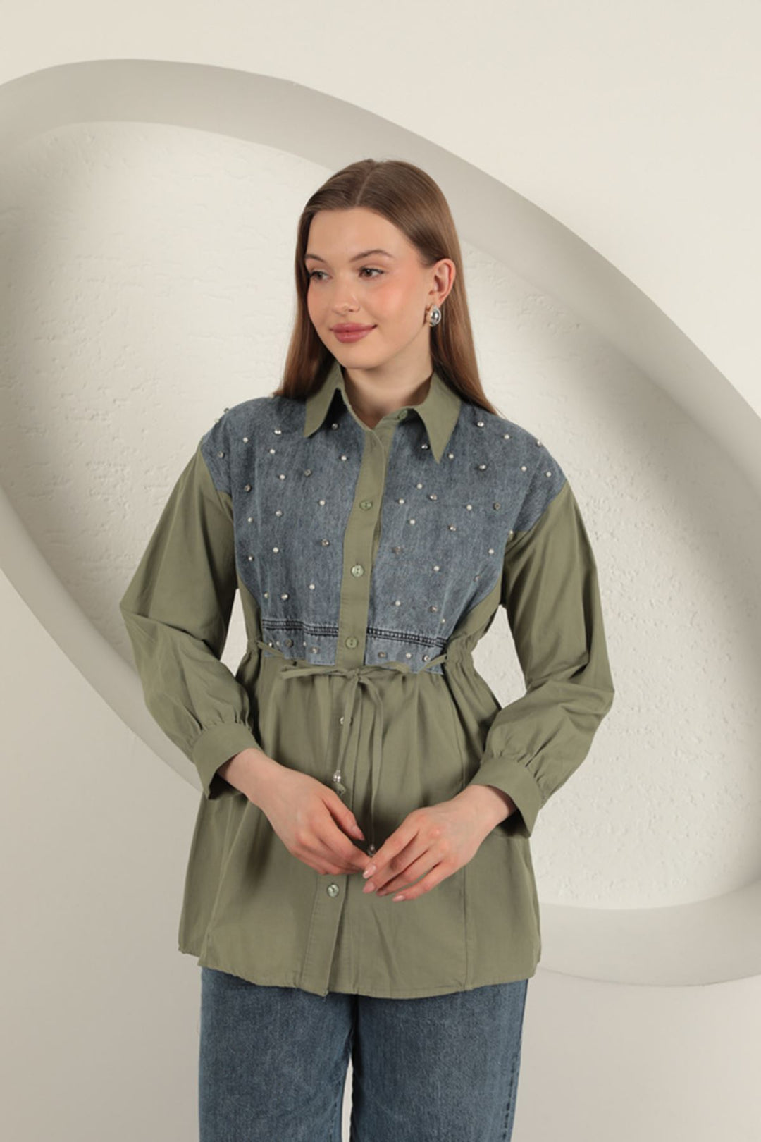 KKT Poplin Fabric Front Pearl Detailed Khaki Women's Shirt - Shawnee