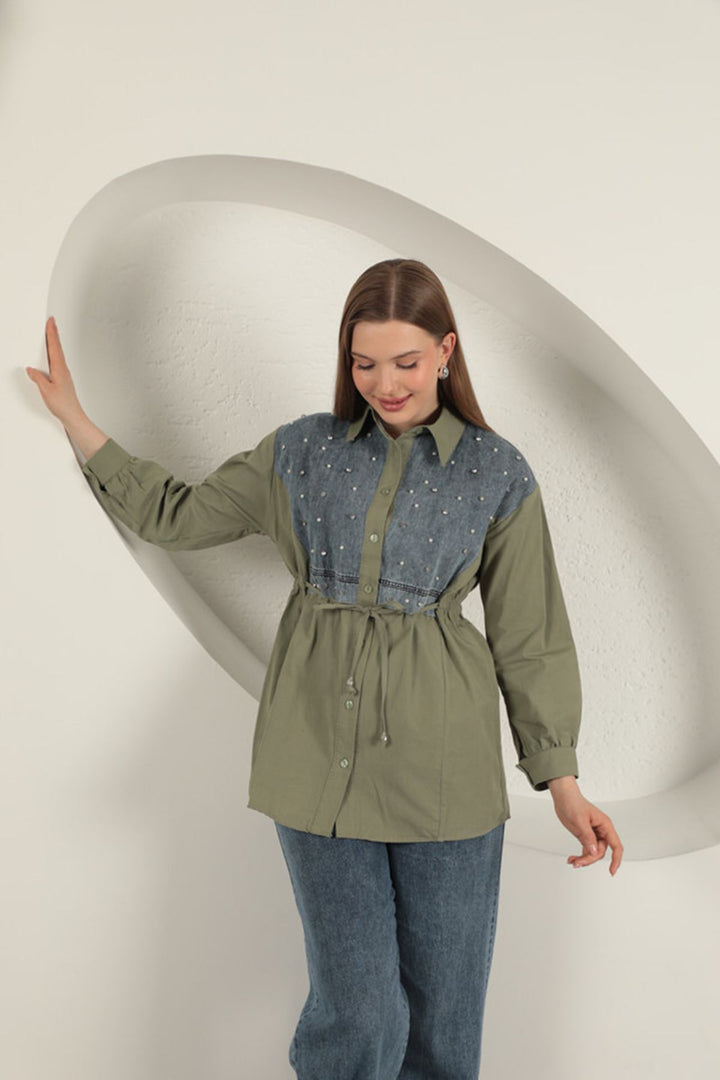 KKT Poplin Fabric Front Pearl Detailed Khaki Women's Shirt - Shawnee