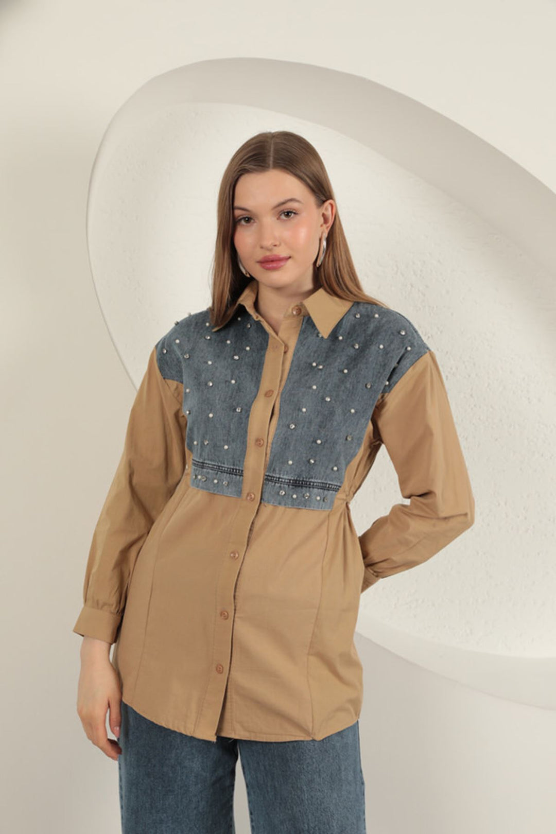 KKT Poplin Fabric Pearl Detailed Tan Women's Shirt - Den Helder