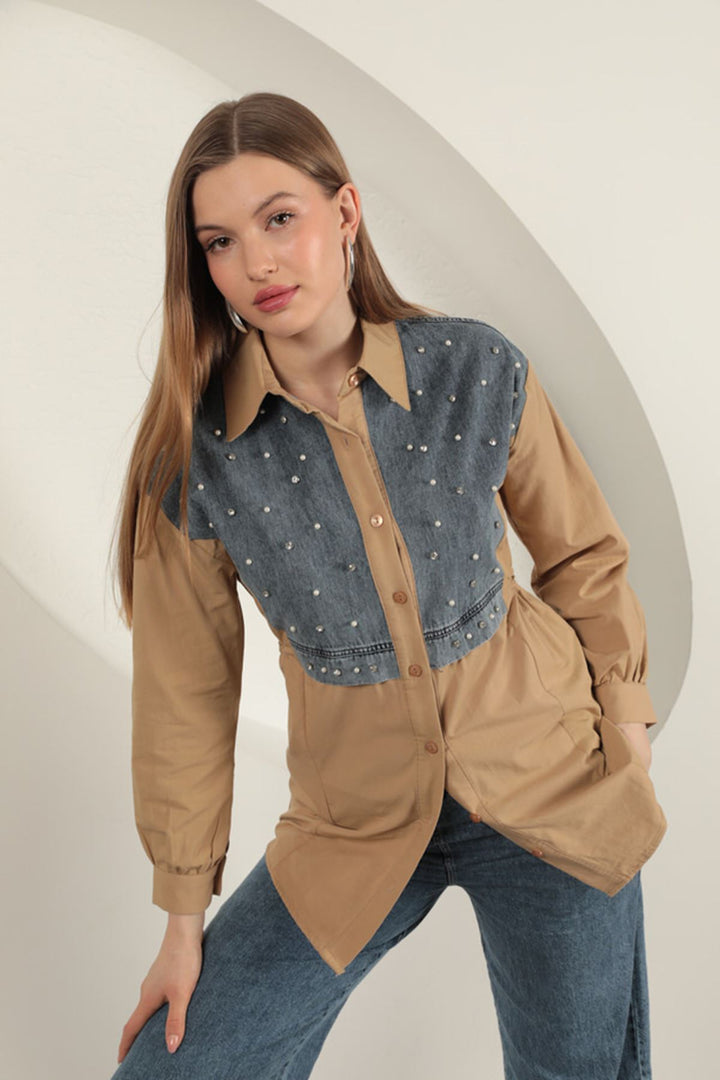 KKT Poplin Fabric Pearl Detailed Tan Women's Shirt - Den Helder