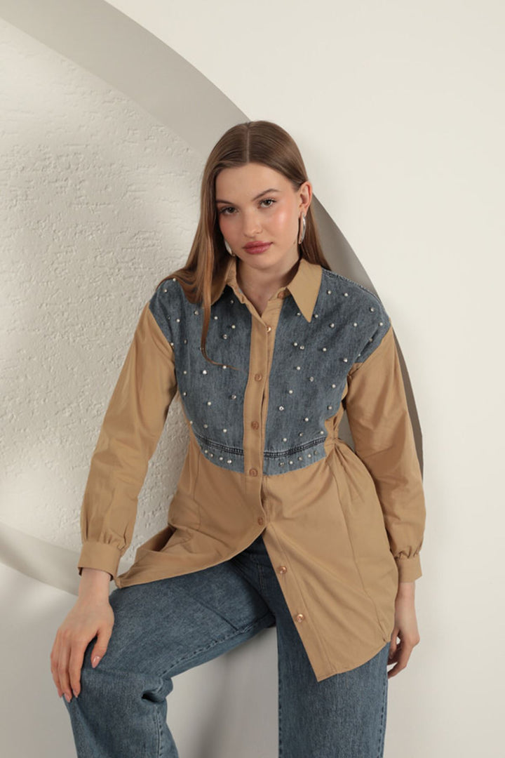 KKT Poplin Fabric Pearl Detailed Tan Women's Shirt - Den Helder