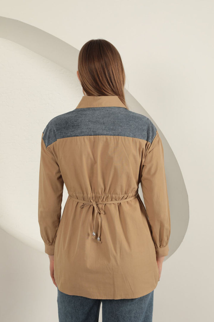 KKT Poplin Fabric Pearl Detailed Tan Women's Shirt - Den Helder