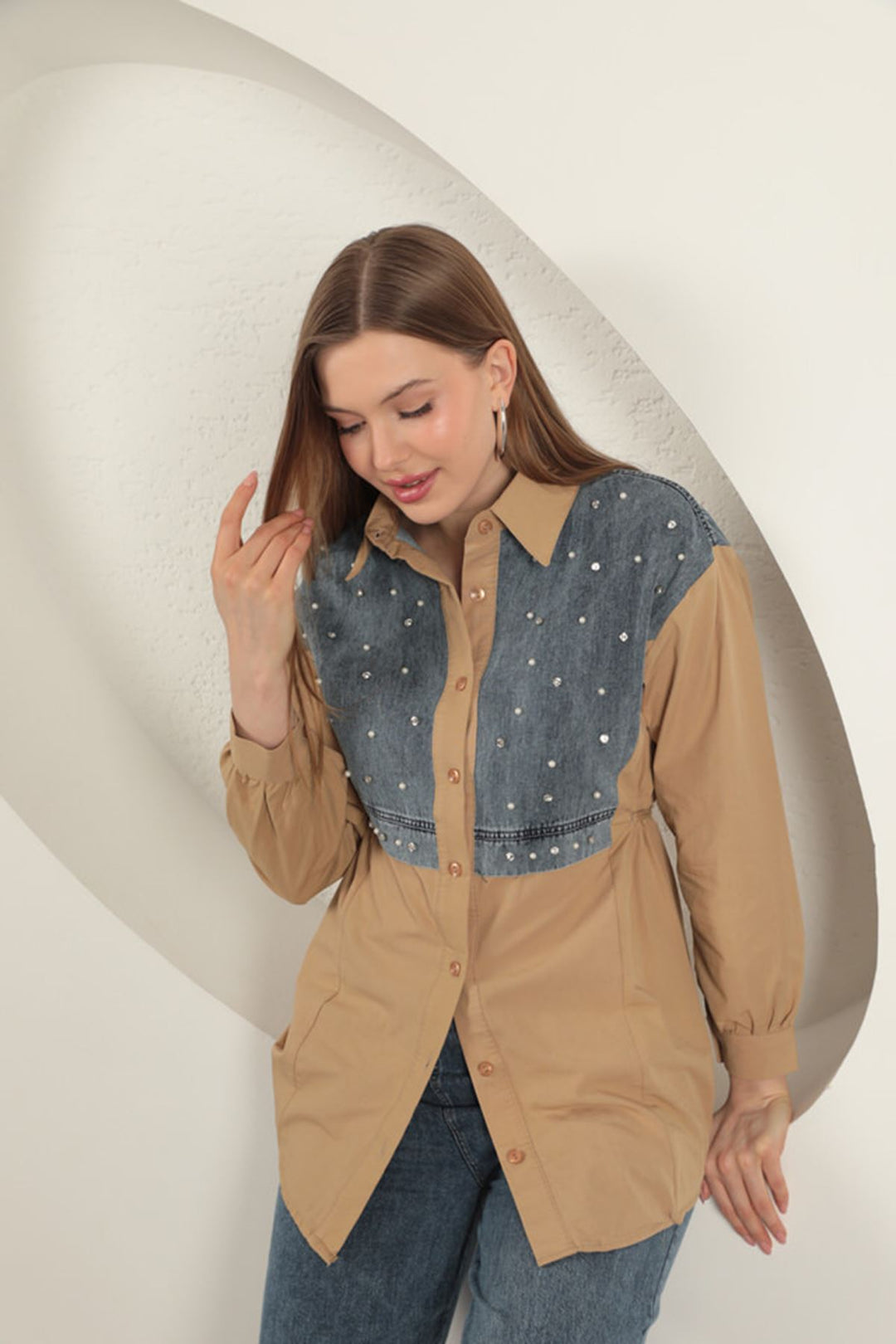 KKT Poplin Fabric Pearl Detailed Tan Women's Shirt - Den Helder