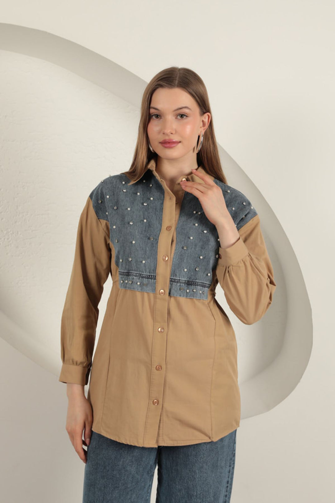 KKT Poplin Fabric Pearl Detailed Tan Women's Shirt - Den Helder