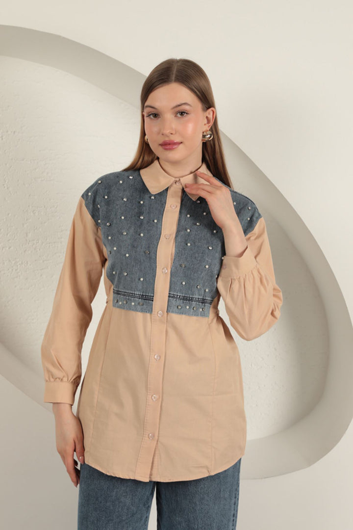 KKT Poplin Fabric Front Pearl Detailed Beige Women's Shirt - Anniston