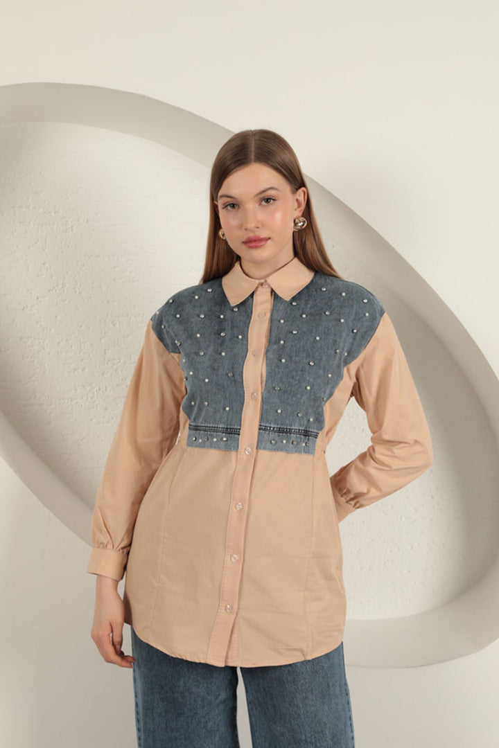 KKT Poplin Fabric Front Pearl Detailed Beige Women's Shirt - Anniston