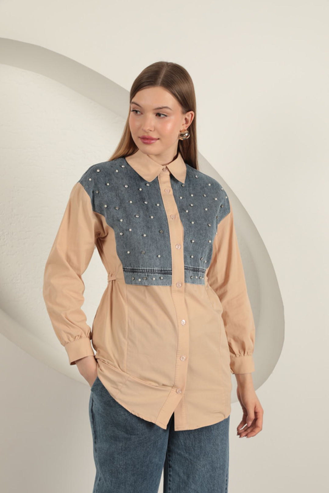 KKT Poplin Fabric Front Pearl Detailed Beige Women's Shirt - Anniston