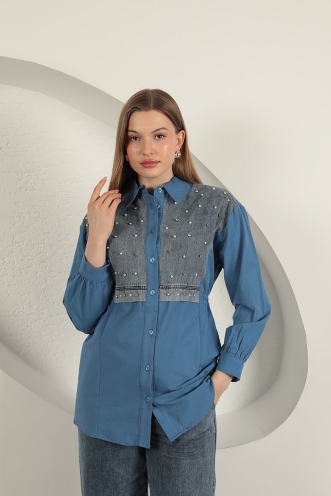 KKT Poplin Fabric Pearl Detailed Indigo Women's Shirt - Landshut