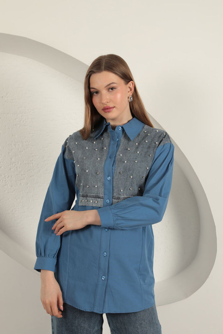 KKT Poplin Fabric Pearl Detailed Indigo Women's Shirt - Landshut
