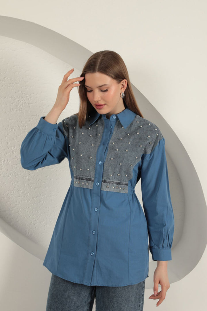 KKT Poplin Fabric Pearl Detailed Indigo Women's Shirt - Landshut