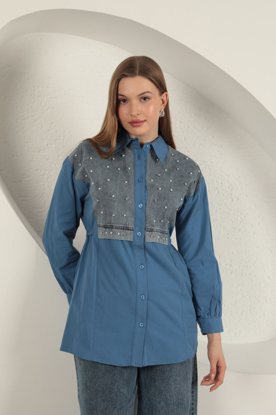 KKT Poplin Fabric Pearl Detailed Indigo Women's Shirt - Landshut