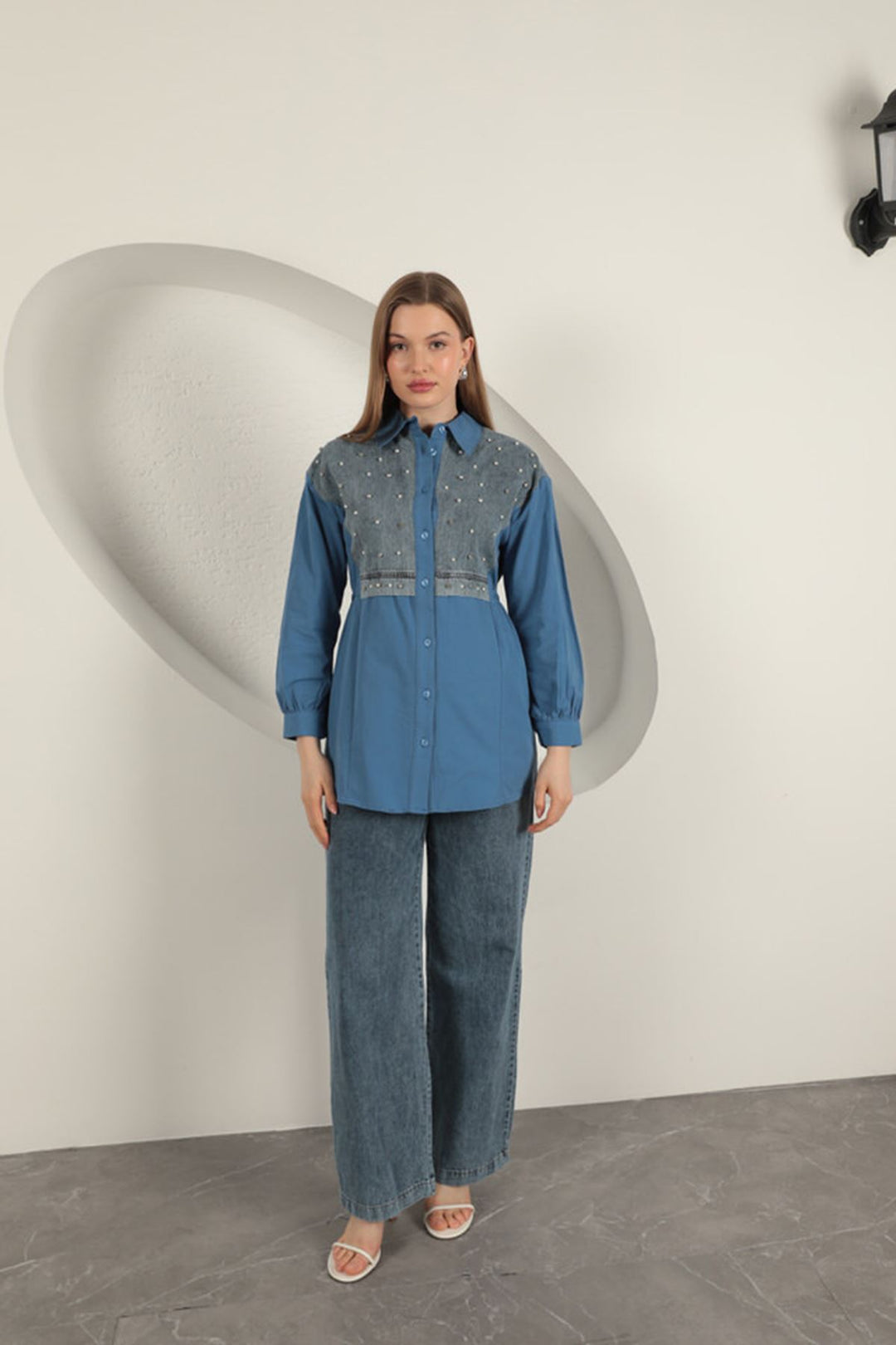 KKT Poplin Fabric Pearl Detailed Indigo Women's Shirt - Landshut