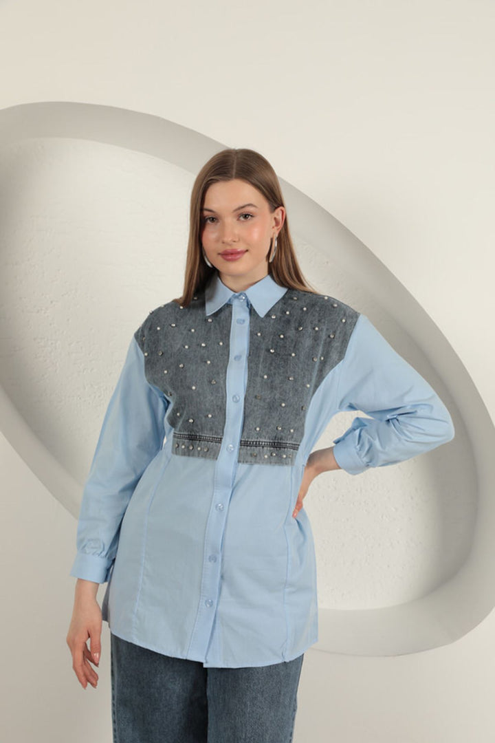 KKT Poplin Fabric Front Pearl Detailed Blue Women's Shirt - Dnipro