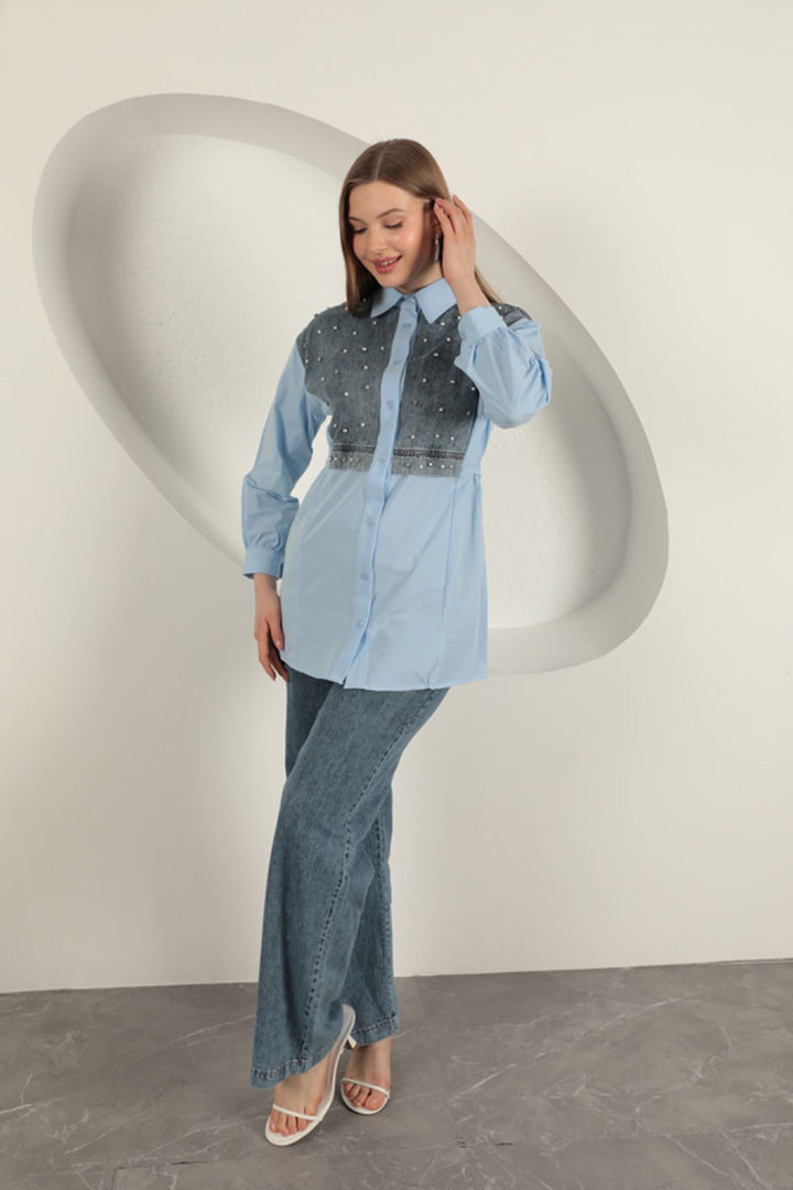 KKT Poplin Fabric Front Pearl Detailed Blue Women's Shirt - Dnipro