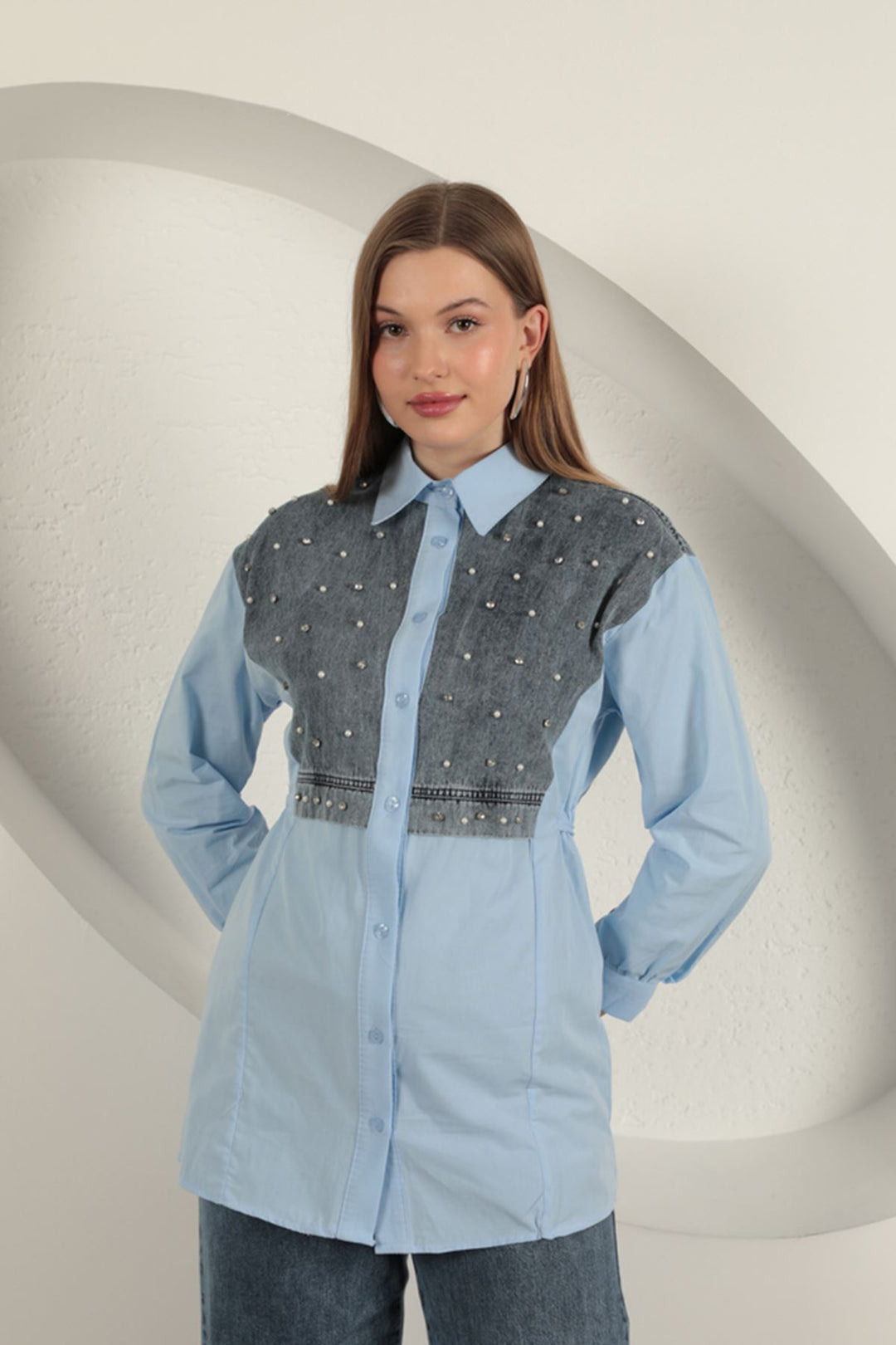 KKT Poplin Fabric Front Pearl Detailed Blue Women's Shirt - Dnipro
