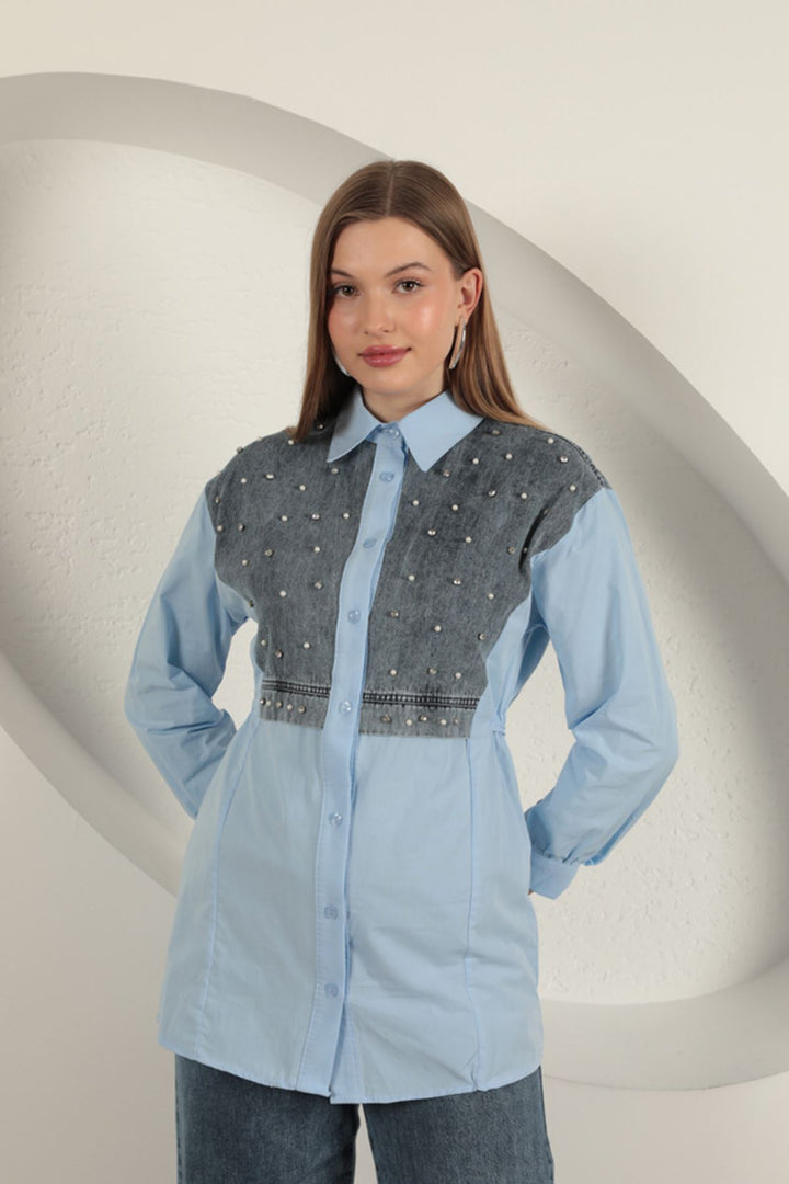 KKT Poplin Fabric Front Pearl Detailed Blue Women's Shirt - Dnipro