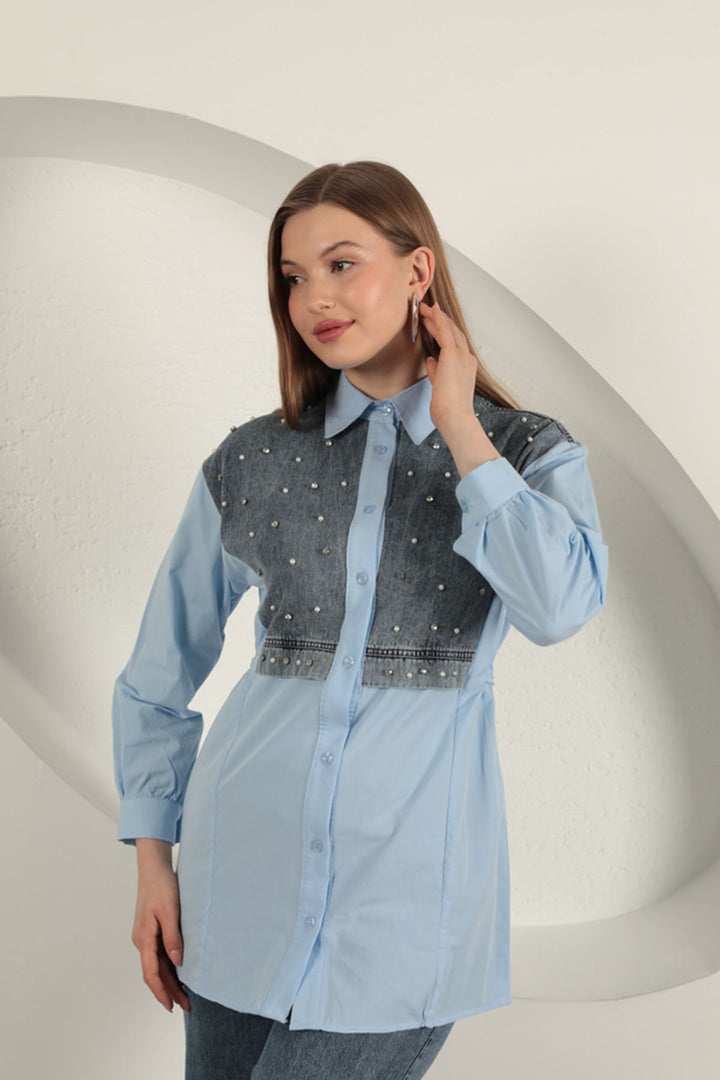 KKT Poplin Fabric Front Pearl Detailed Blue Women's Shirt - Dnipro