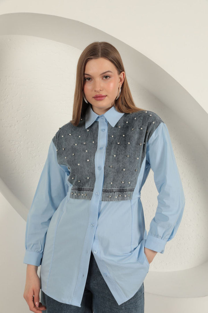KKT Poplin Fabric Front Pearl Detailed Blue Women's Shirt - Dnipro