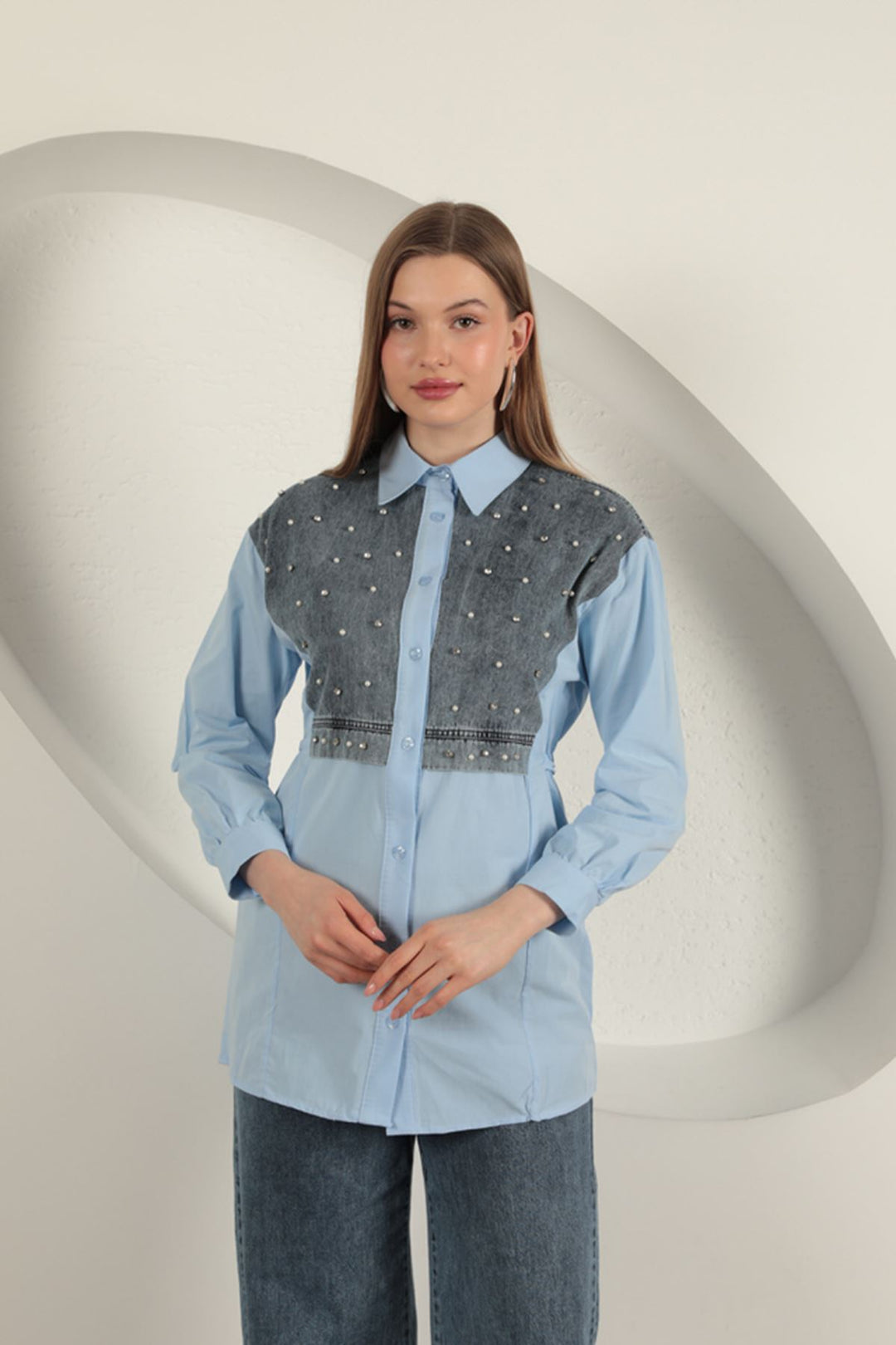 KKT Poplin Fabric Front Pearl Detailed Blue Women's Shirt - Dnipro