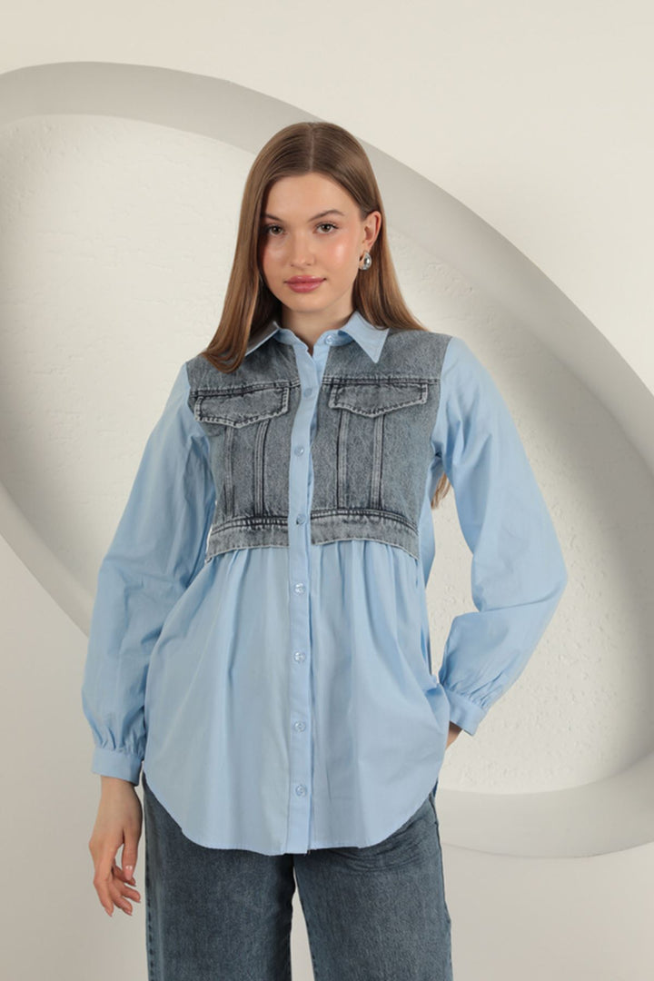 KKT Poplin Fabric Denim Garnished Blue Women's Shirt - Tres Valles