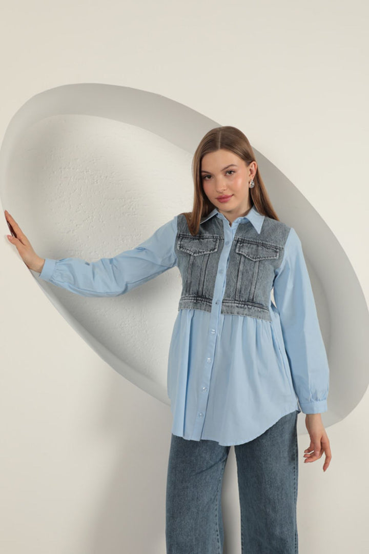 KKT Poplin Fabric Denim Garnished Blue Women's Shirt - Tres Valles