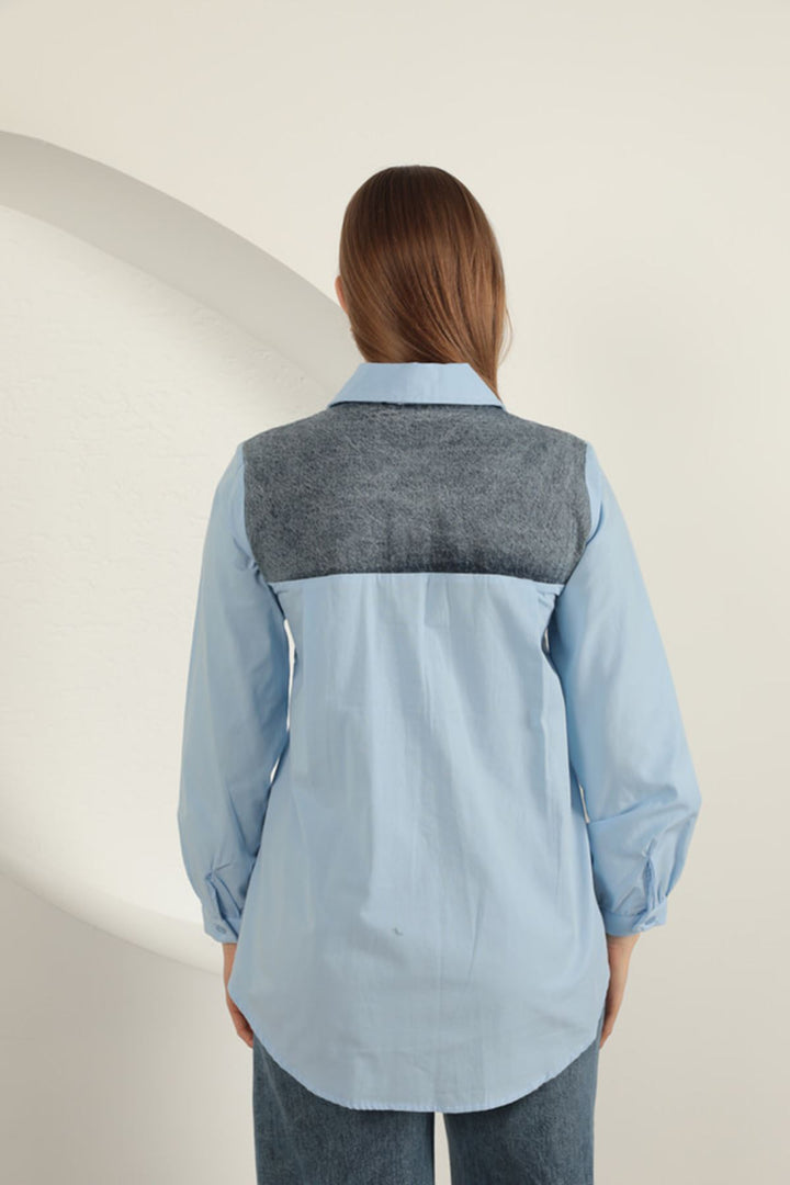 KKT Poplin Fabric Denim Garnished Blue Women's Shirt - Tres Valles