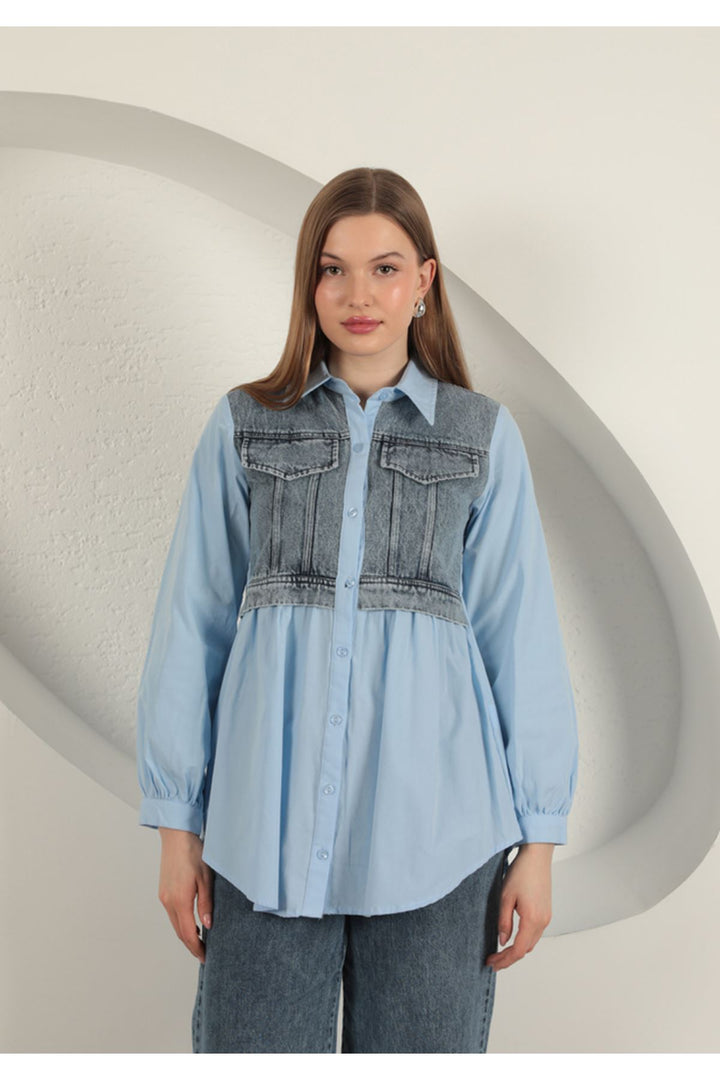 KKT Poplin Fabric Denim Garnished Blue Women's Shirt - Tres Valles