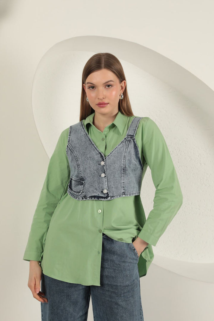 KKT Poplin Fabric Vest Detailed Pistachio Green Women's Shirt - Leeds