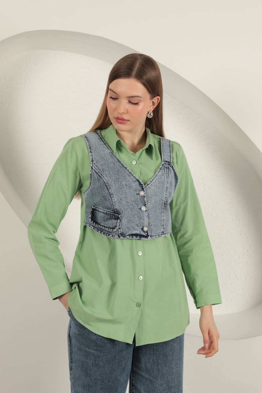 KKT Poplin Fabric Vest Detailed Pistachio Green Women's Shirt - Leeds