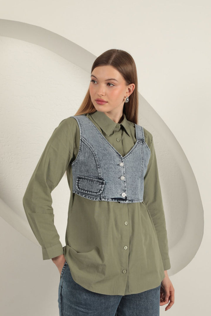 KKT Poplin Fabric Vest Detailed Women's Shirt-Khaki - Brownsville