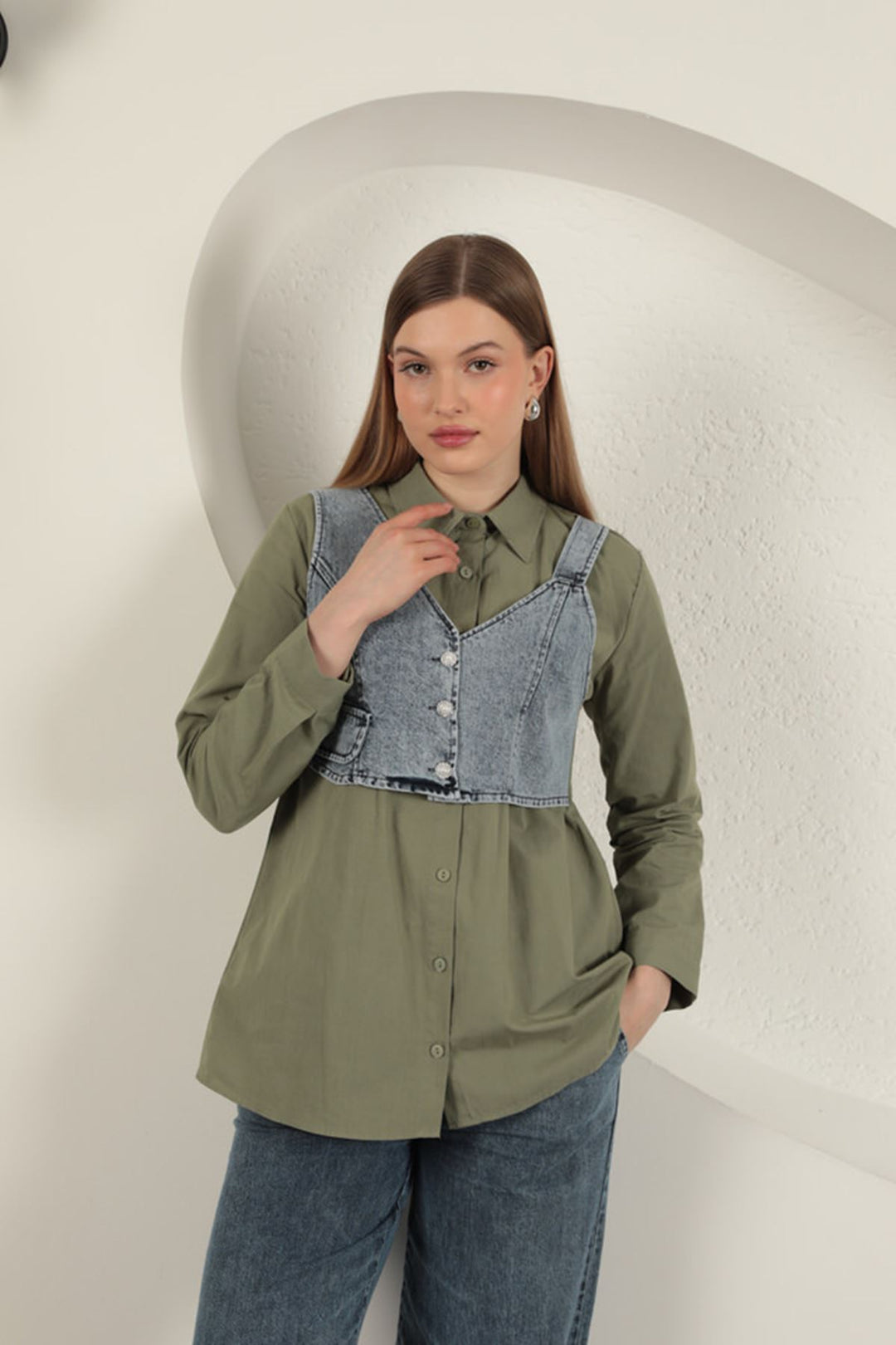 KKT Poplin Fabric Vest Detailed Women's Shirt-Khaki - Brownsville