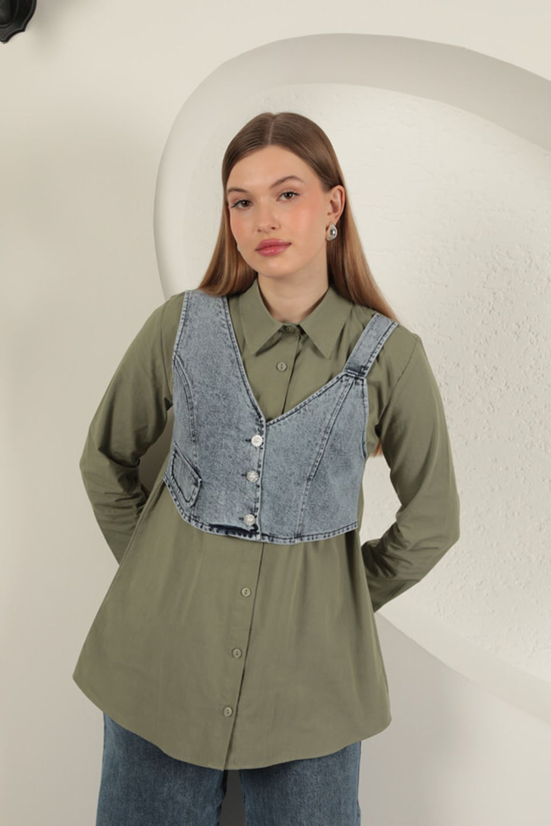 KKT Poplin Fabric Vest Detailed Women's Shirt-Khaki - Brownsville