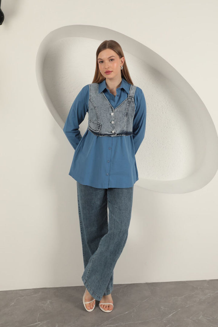 KKT Poplin Fabric Vest Detailed Indigo Women's Shirt - Huntsville