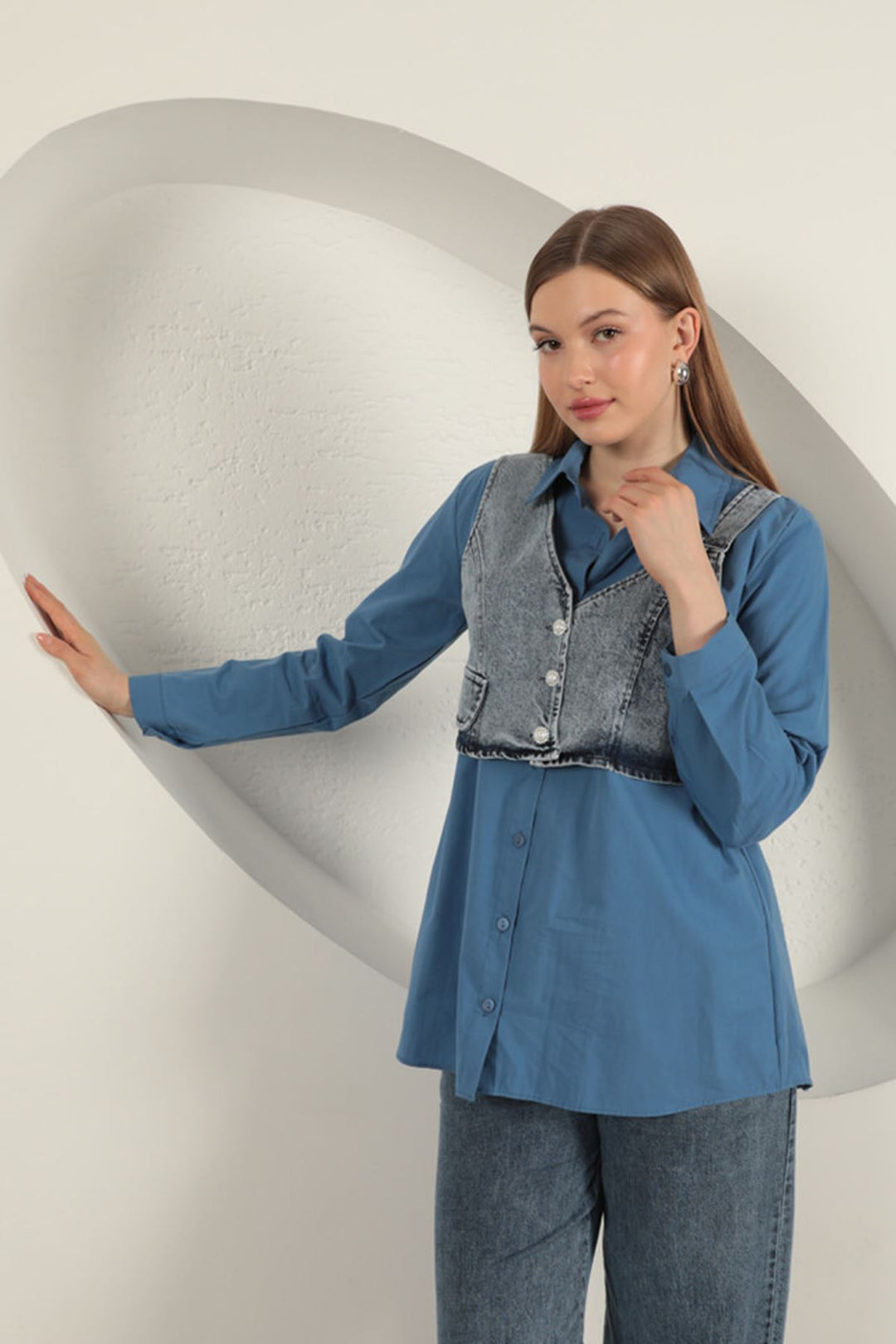 KKT Poplin Fabric Vest Detailed Indigo Women's Shirt - Huntsville