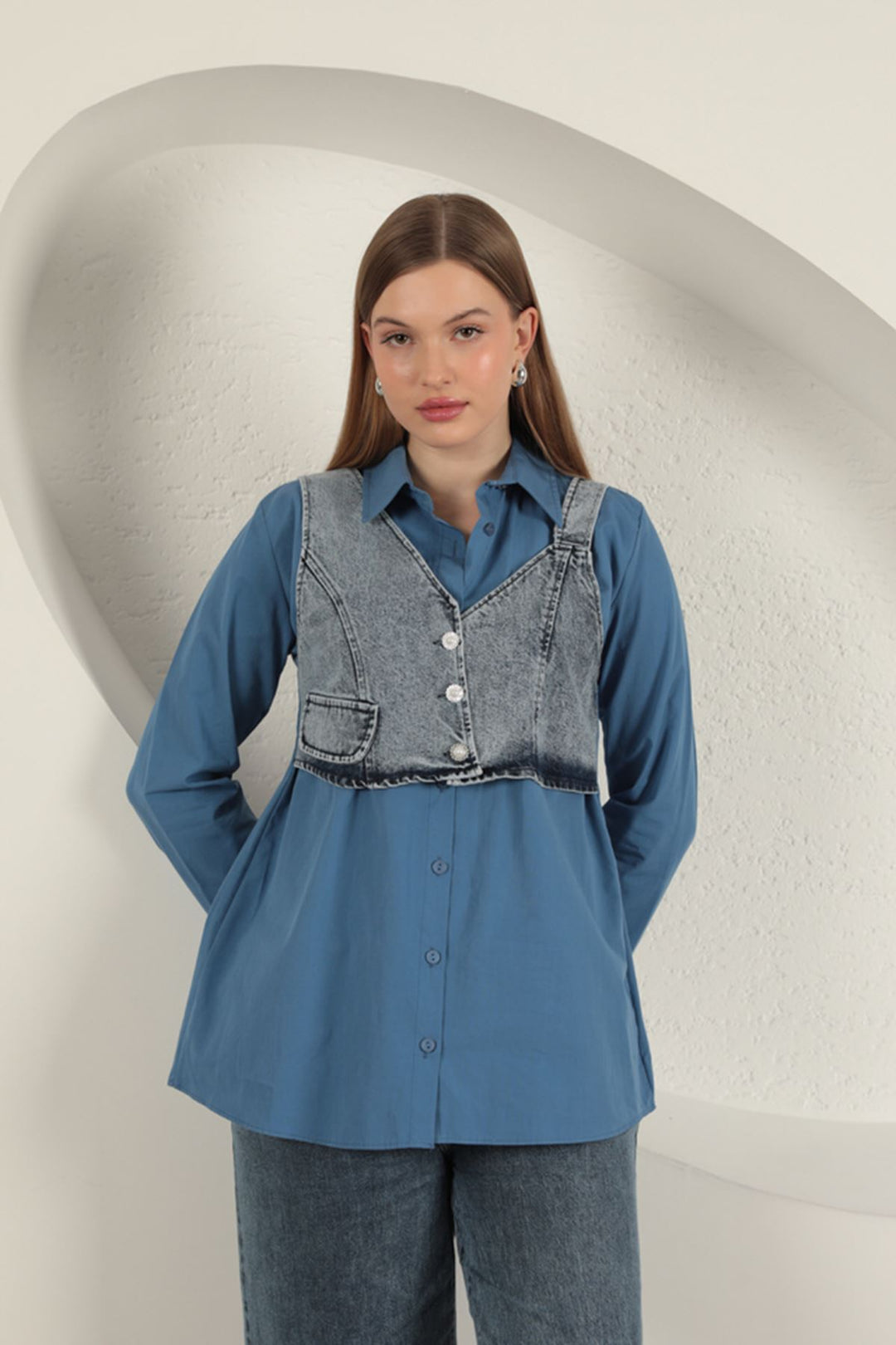 KKT Poplin Fabric Vest Detailed Indigo Women's Shirt - Huntsville