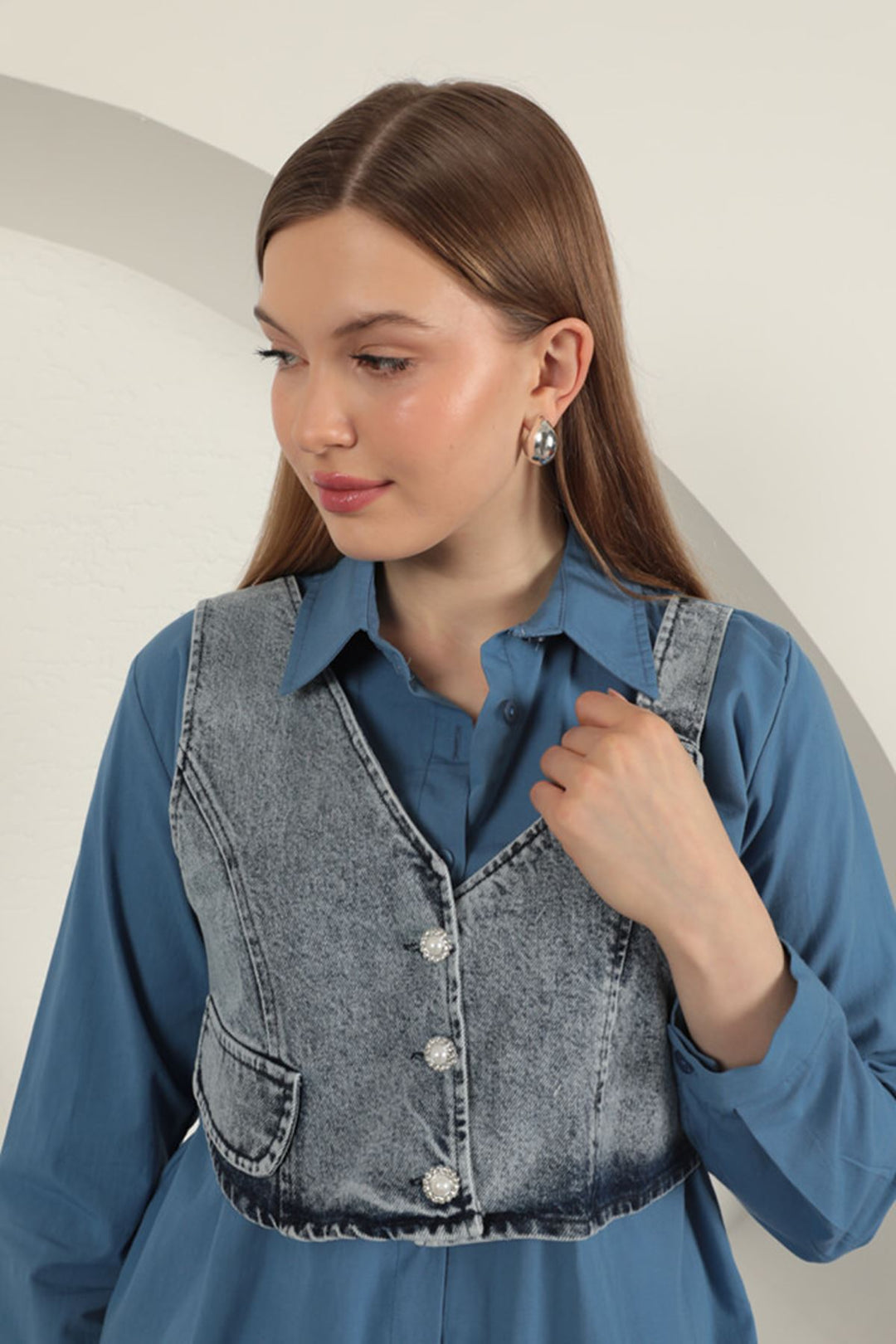 KKT Poplin Fabric Vest Detailed Indigo Women's Shirt - Huntsville