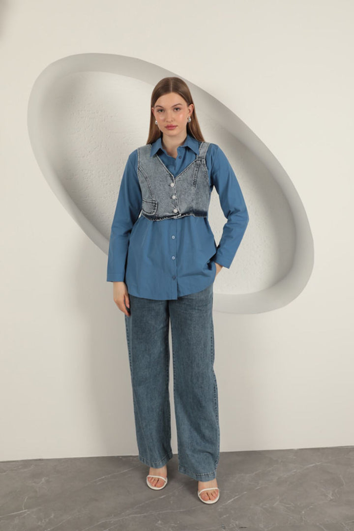 KKT Poplin Fabric Vest Detailed Indigo Women's Shirt - Huntsville