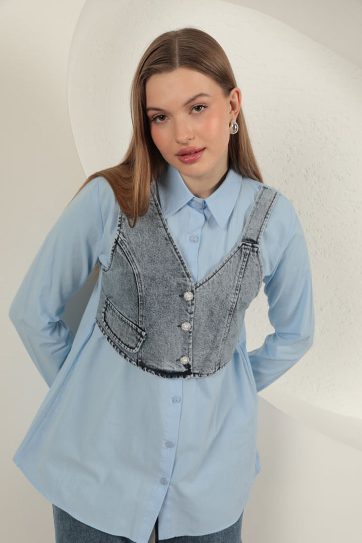 KKT Poplin Fabric Vest Detailed Blue Women's Shirt - Ioánnina