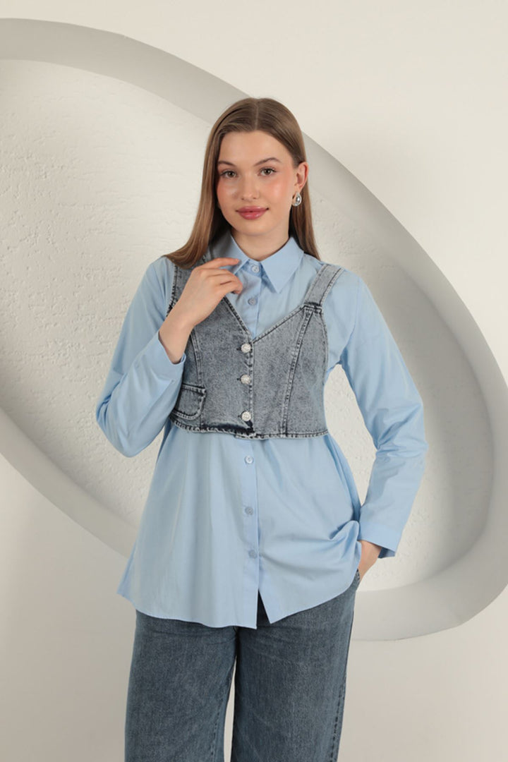KKT Poplin Fabric Vest Detailed Blue Women's Shirt - Ioánnina
