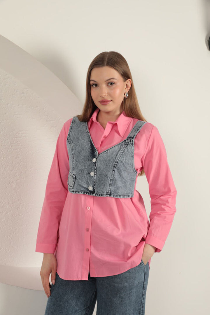 KKT Pink Women's Shirt with Poplin Fabric Vest Detail - South Fulton