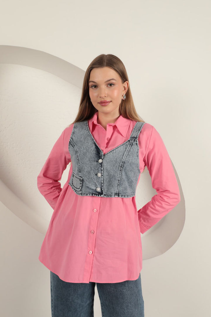 KKT Pink Women's Shirt with Poplin Fabric Vest Detail - South Fulton
