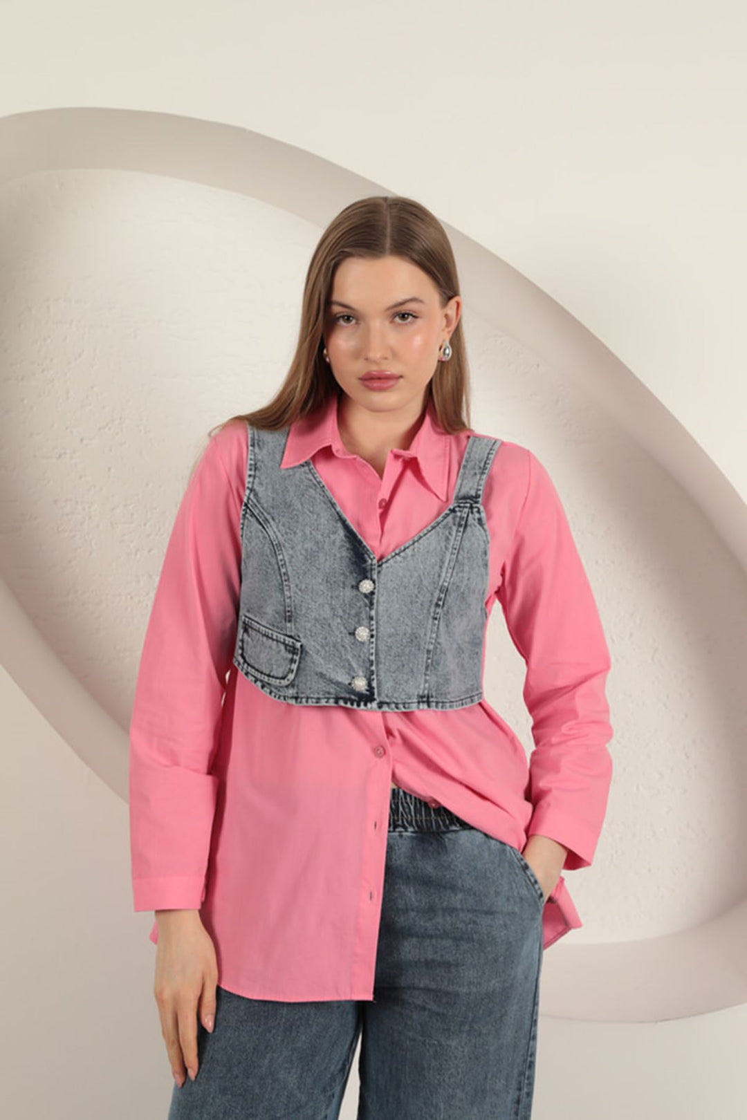 KKT Pink Women's Shirt with Poplin Fabric Vest Detail - South Fulton