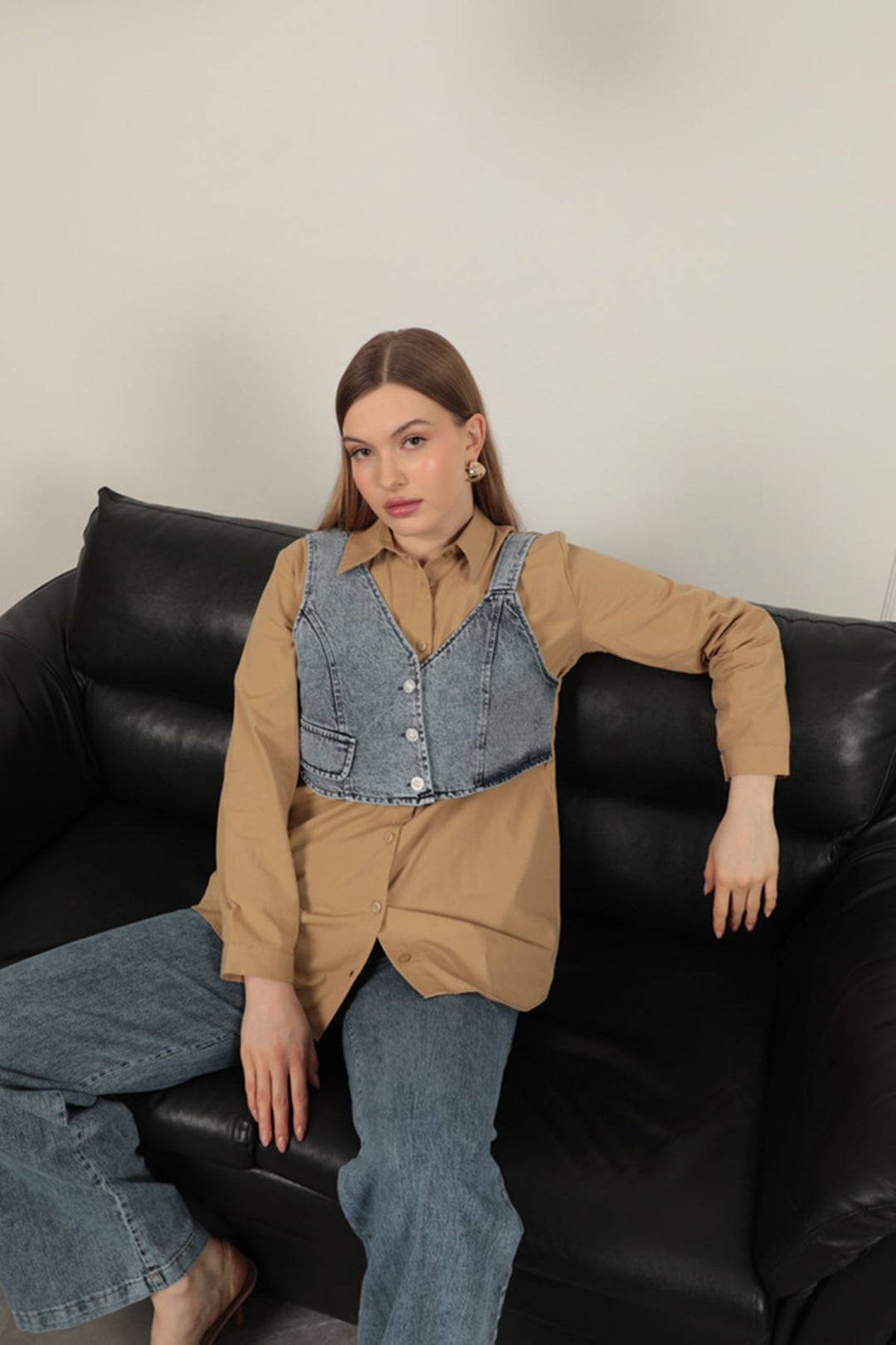 KKT Poplin Fabric Vest Detailed Tan Women's Shirt - Vaulx-en-Velin
