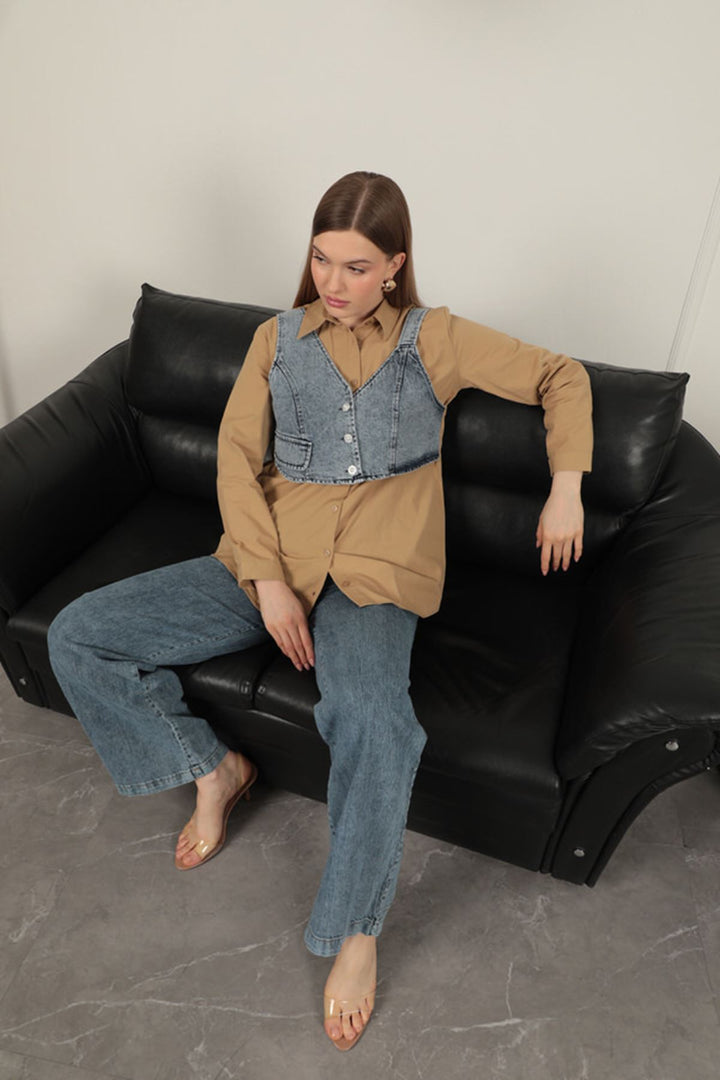 KKT Poplin Fabric Vest Detailed Tan Women's Shirt - Vaulx-en-Velin