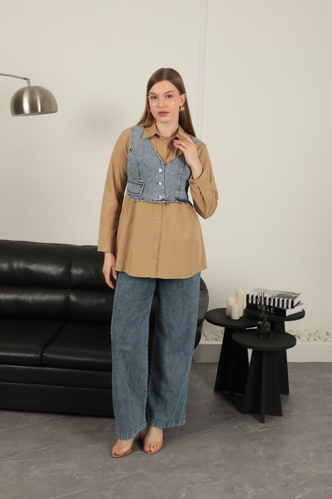 KKT Poplin Fabric Vest Detailed Tan Women's Shirt - Vaulx-en-Velin