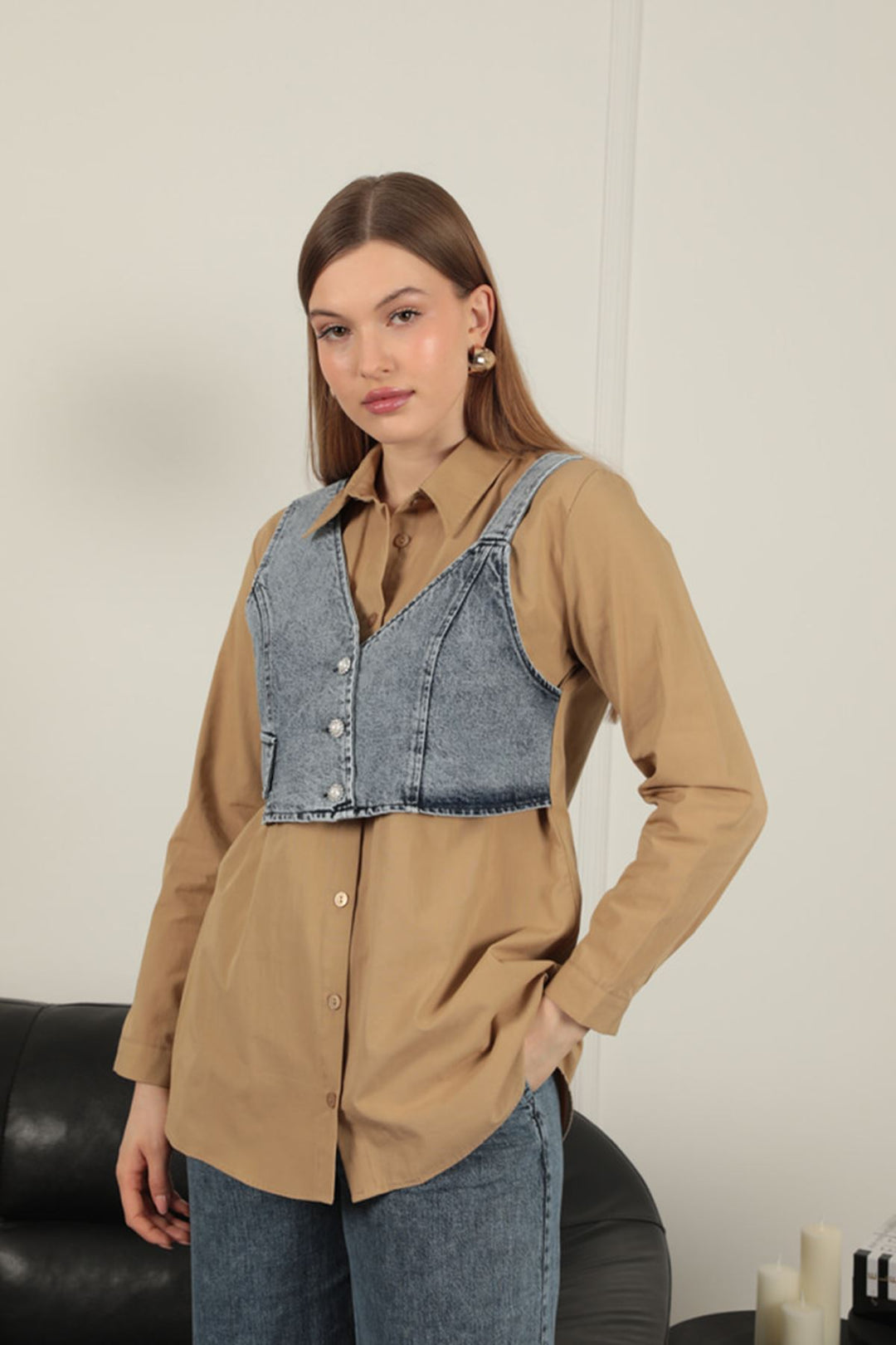 KKT Poplin Fabric Vest Detailed Tan Women's Shirt - Vaulx-en-Velin
