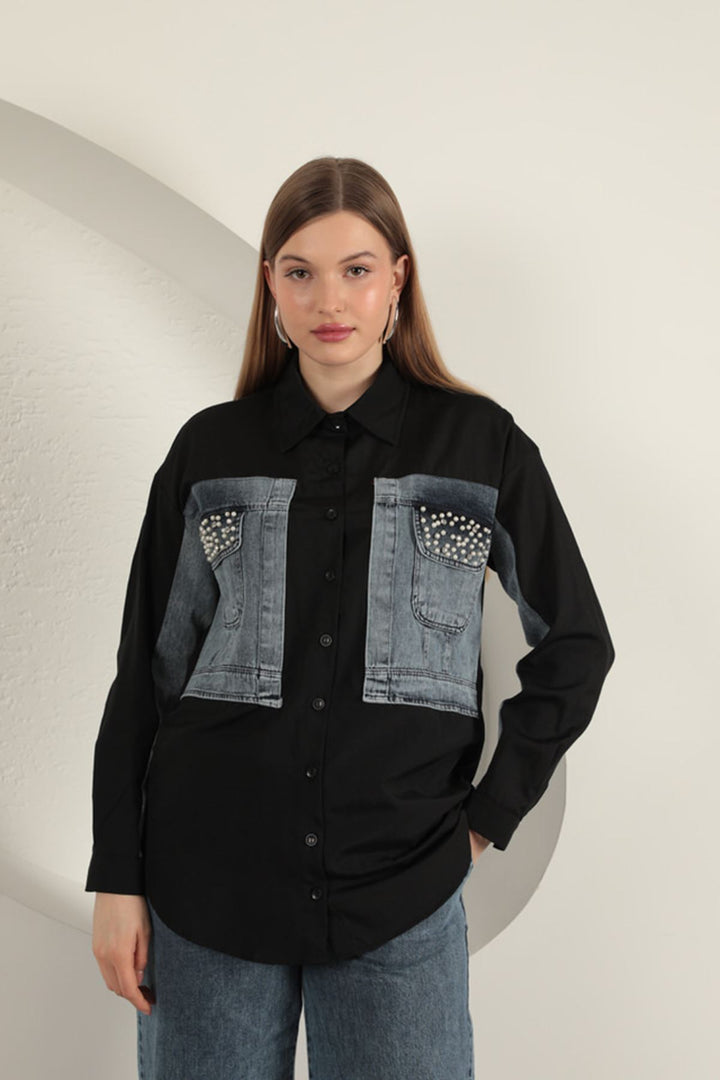 KKT Poplin Fabric Denim Garnished Black Women's Shirt - Pembroke Pines