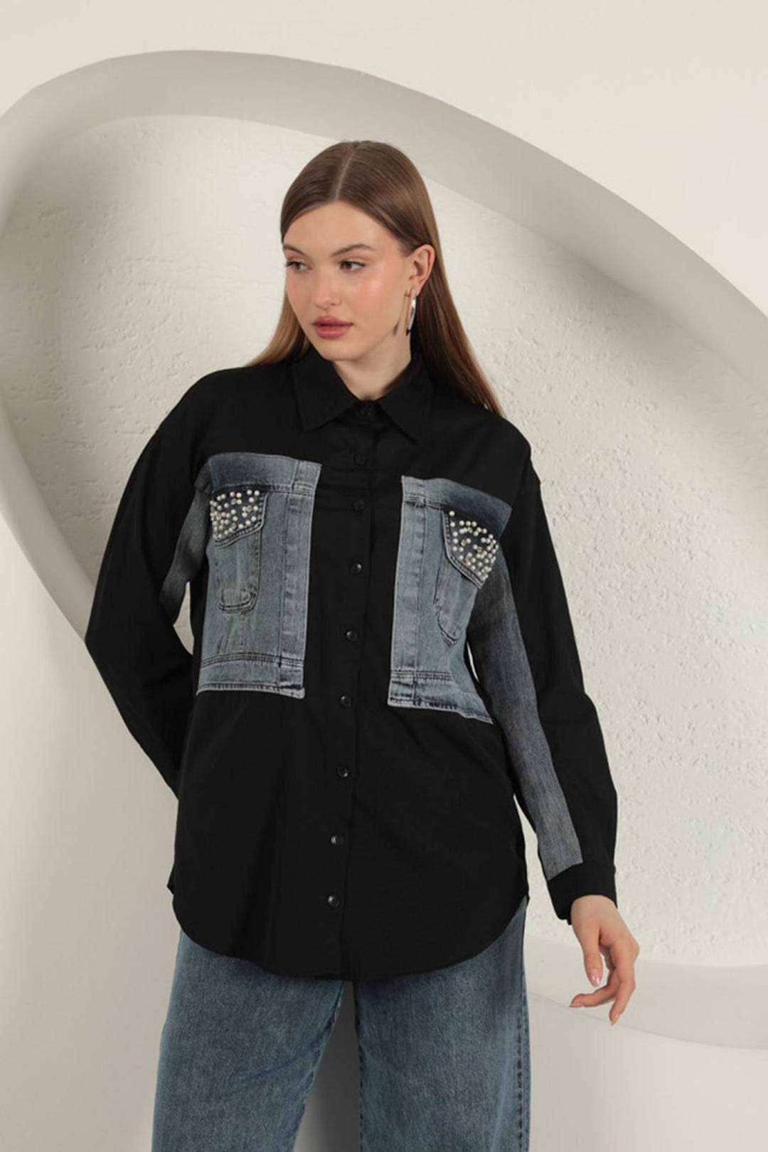 KKT Poplin Fabric Denim Garnished Black Women's Shirt - Pembroke Pines